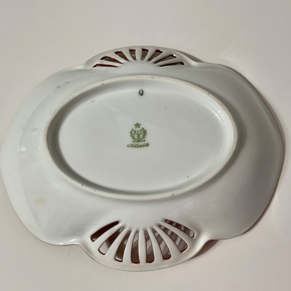 VTG RS Silesia Ruby Oval Handled Bowl With Pink Flowers Gold Trim - Picture 7 of 7